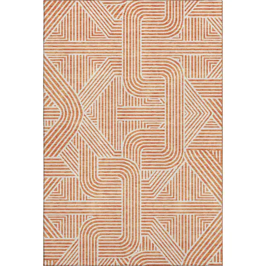 Orange And Ivory Abstract Geometric Washable Area Rug With UV Protection Photo 1
