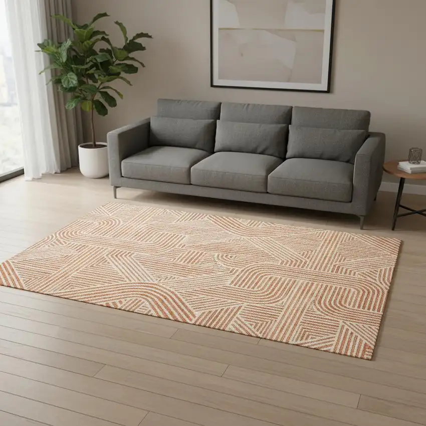Orange And Ivory Abstract Geometric Washable Area Rug With UV Protection Photo 2