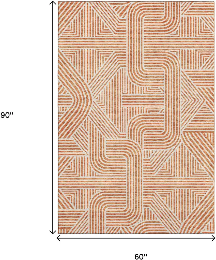 Orange And Ivory Abstract Geometric Washable Area Rug With UV Protection Photo 3
