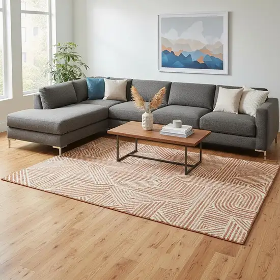 Orange And Ivory Abstract Geometric Washable Area Rug With UV Protection Photo 2