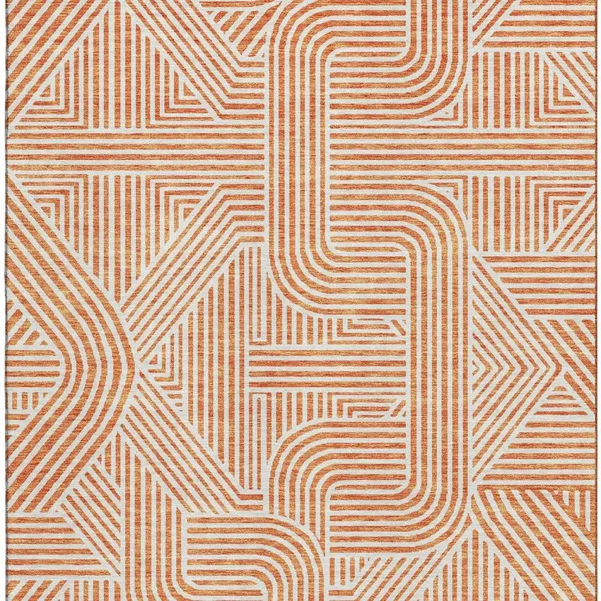 Orange And Ivory Abstract Geometric Washable Area Rug With UV Protection Photo 3