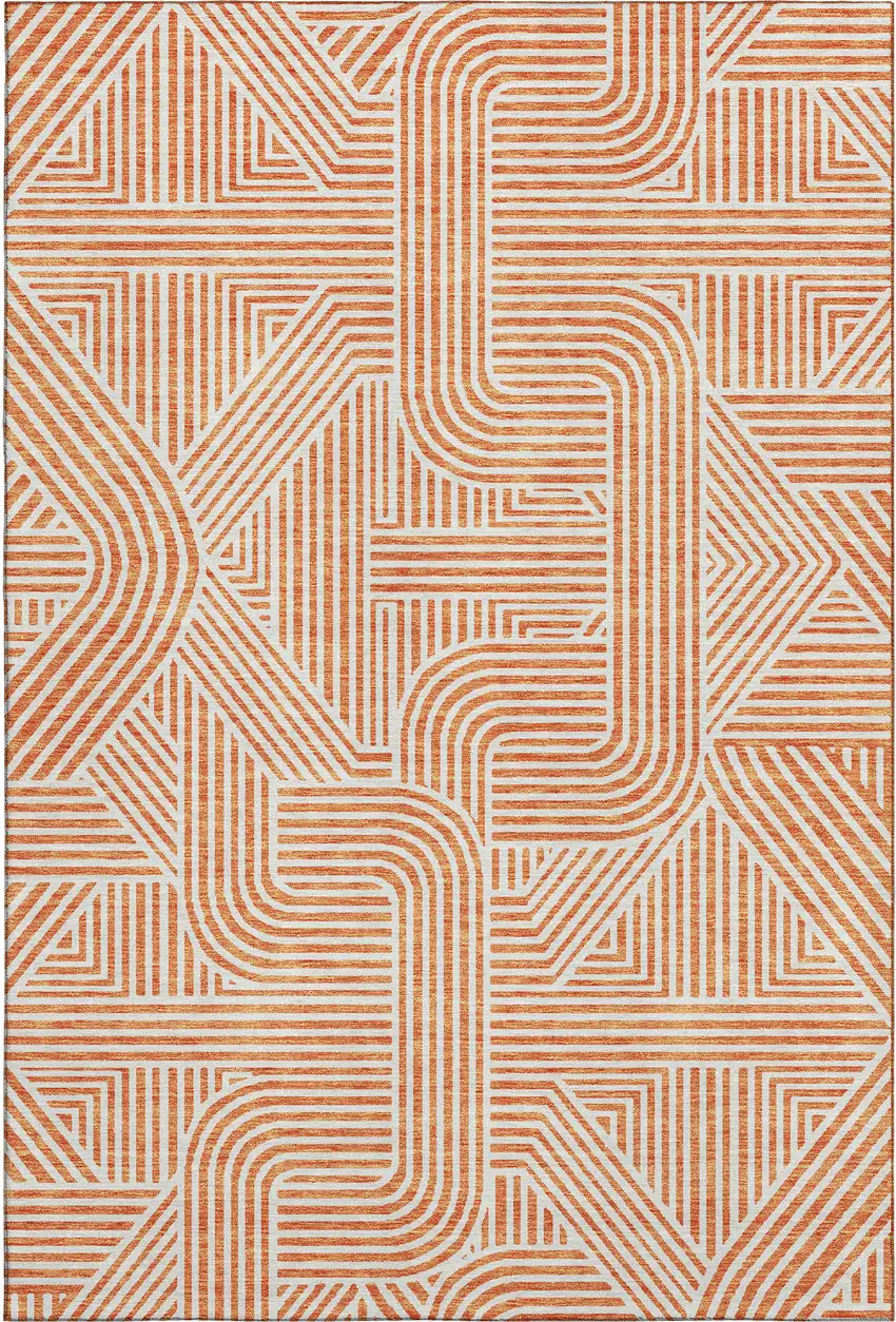Orange And Ivory Abstract Geometric Washable Area Rug With UV Protection Photo 1