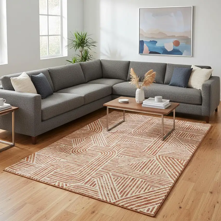 Orange And Ivory Abstract Geometric Washable Area Rug With UV Protection Photo 2