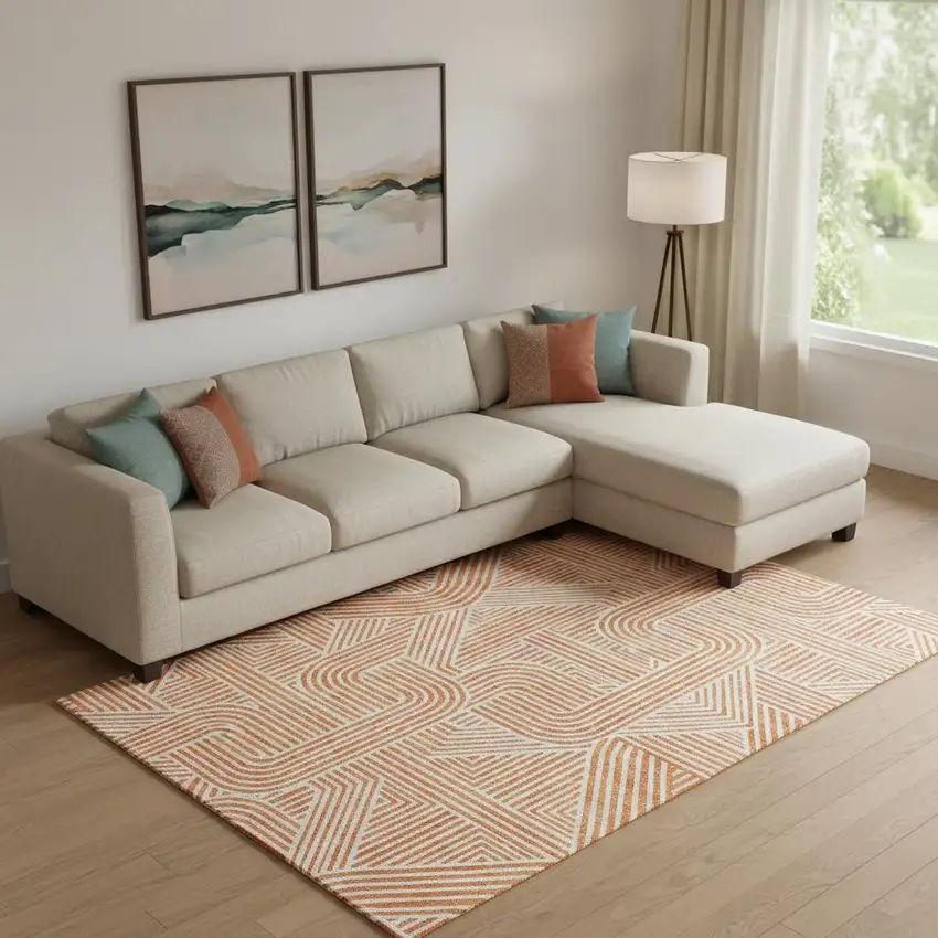 Orange And Ivory Abstract Geometric Washable Area Rug With UV Protection Photo 1