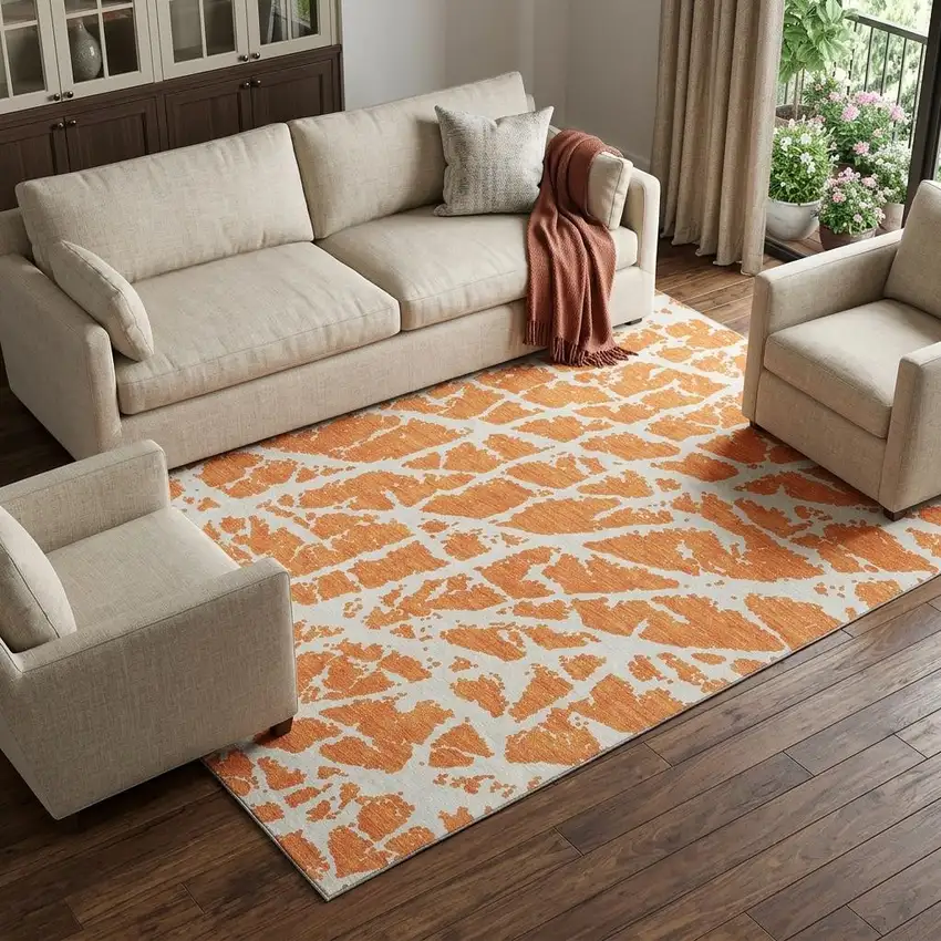 Orange And Ivory Abstract Washable Area Rug With UV Protection Photo 1