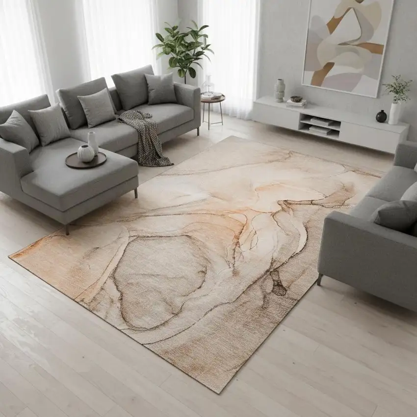 Orange And Ivory Abstract Washable Area Rug With UV Protection Photo 2