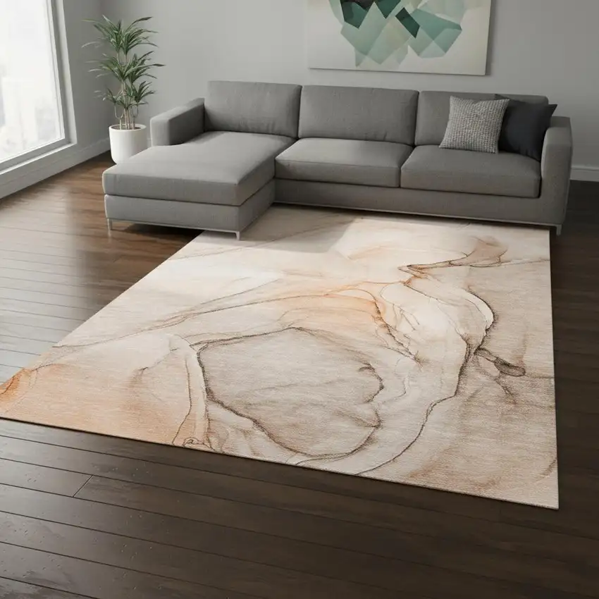 Orange And Ivory Abstract Washable Area Rug With UV Protection Photo 1