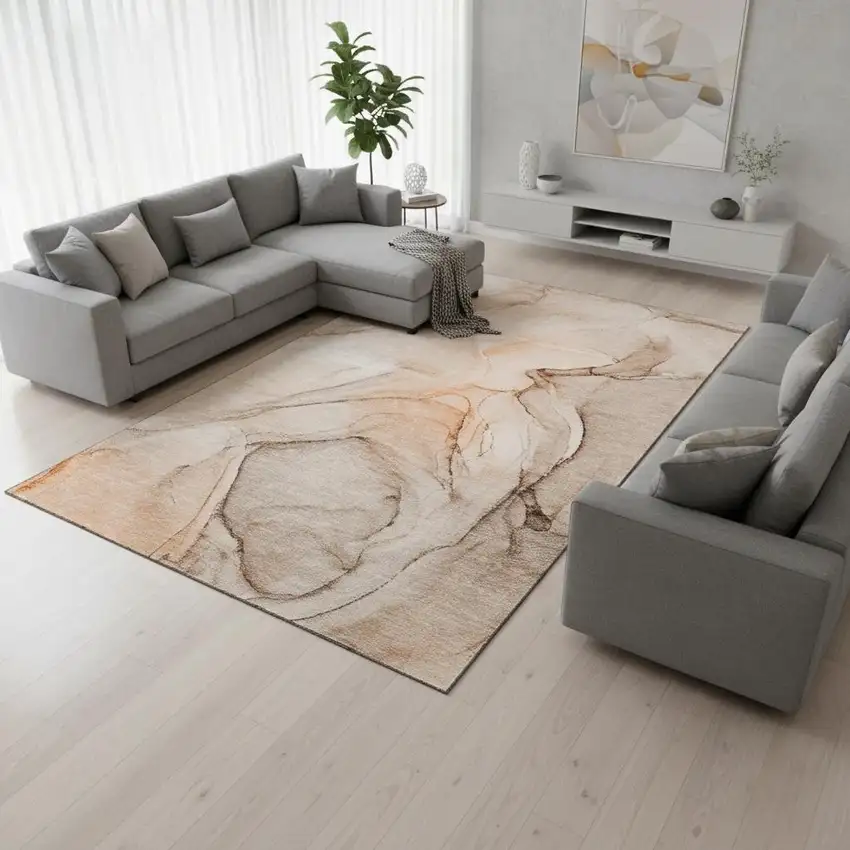 Orange And Ivory Abstract Washable Area Rug With UV Protection Photo 2