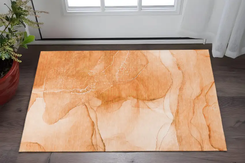 Orange And Ivory Abstract Washable Area Rug With UV Protection Photo 2