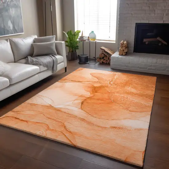 Orange And Ivory Abstract Washable Area Rug With UV Protection Photo 6
