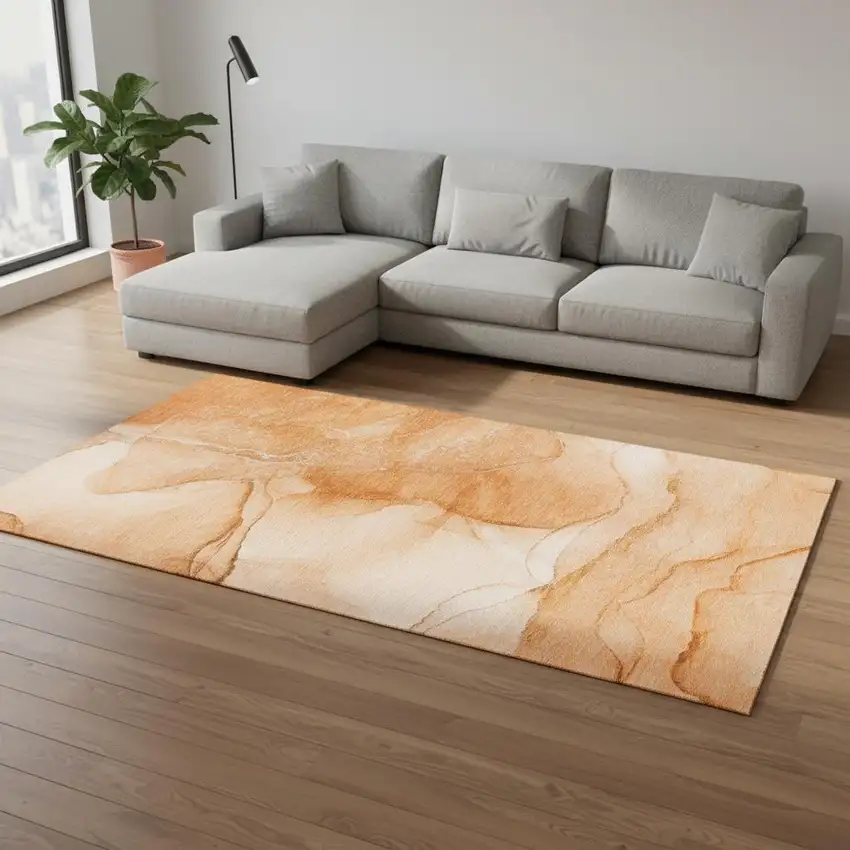 Orange And Ivory Abstract Washable Area Rug With UV Protection Photo 1
