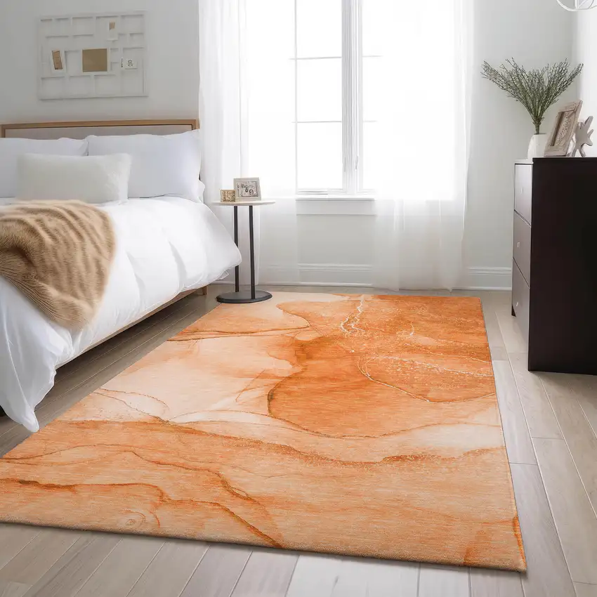 Orange And Ivory Abstract Washable Area Rug With UV Protection Photo 5