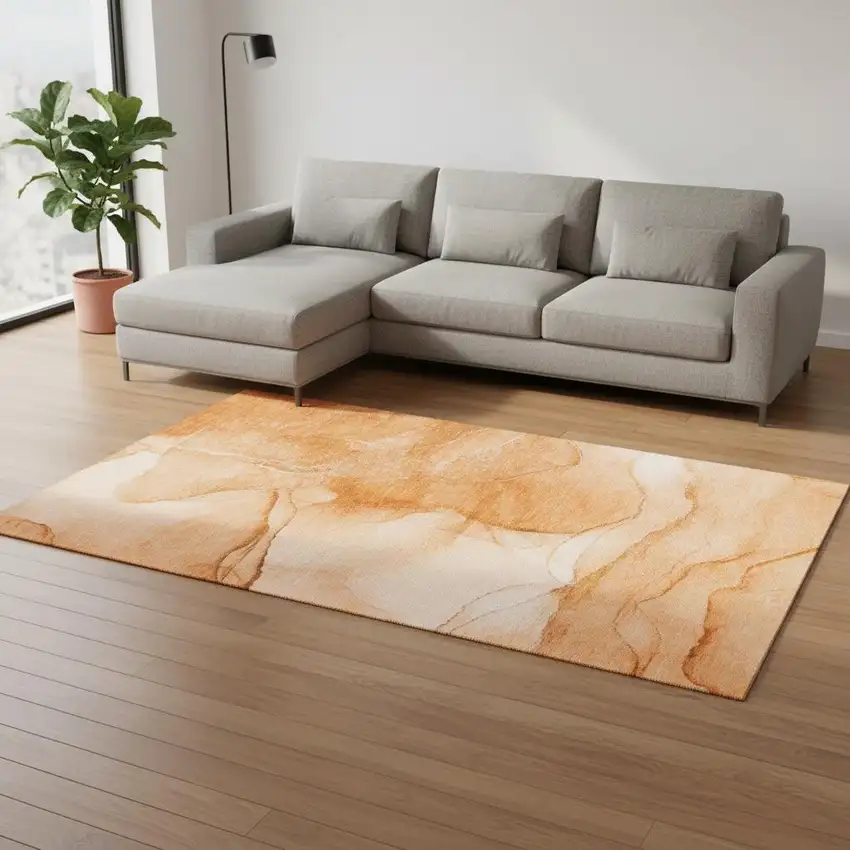 Orange And Ivory Abstract Washable Area Rug With UV Protection Photo 1
