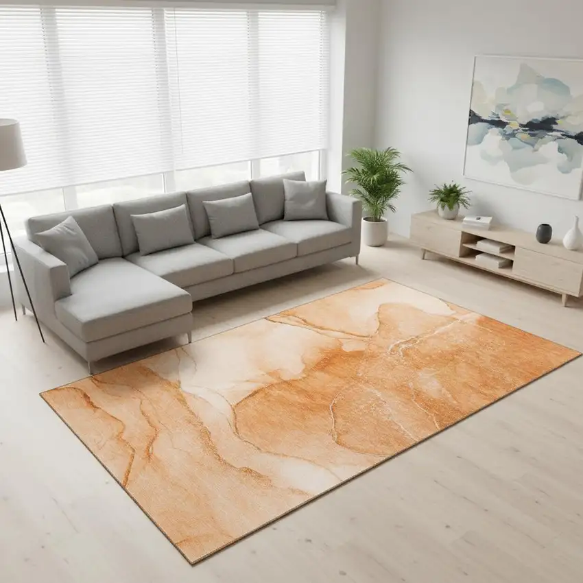 Orange And Ivory Abstract Washable Area Rug With UV Protection Photo 1