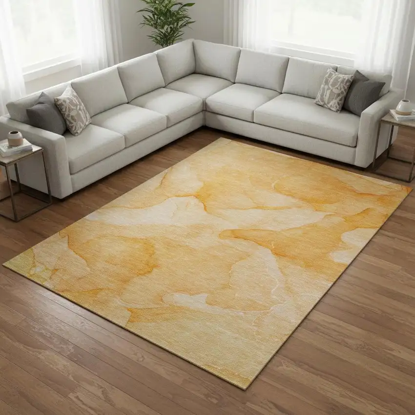Orange And Ivory Abstract Washable Area Rug With UV Protection Photo 1