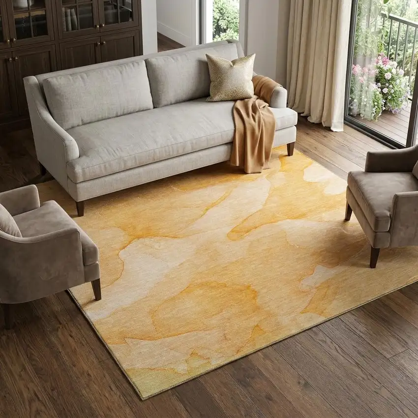 Orange And Ivory Abstract Washable Area Rug With UV Protection Photo 1
