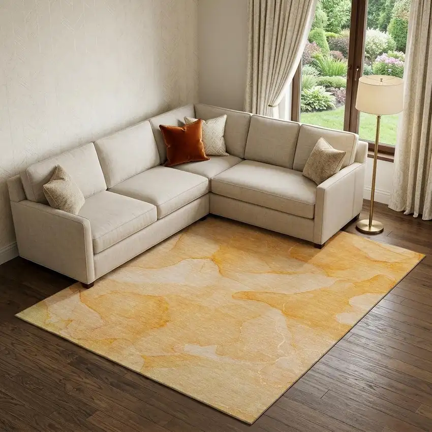 Orange And Ivory Abstract Washable Area Rug With UV Protection Photo 1