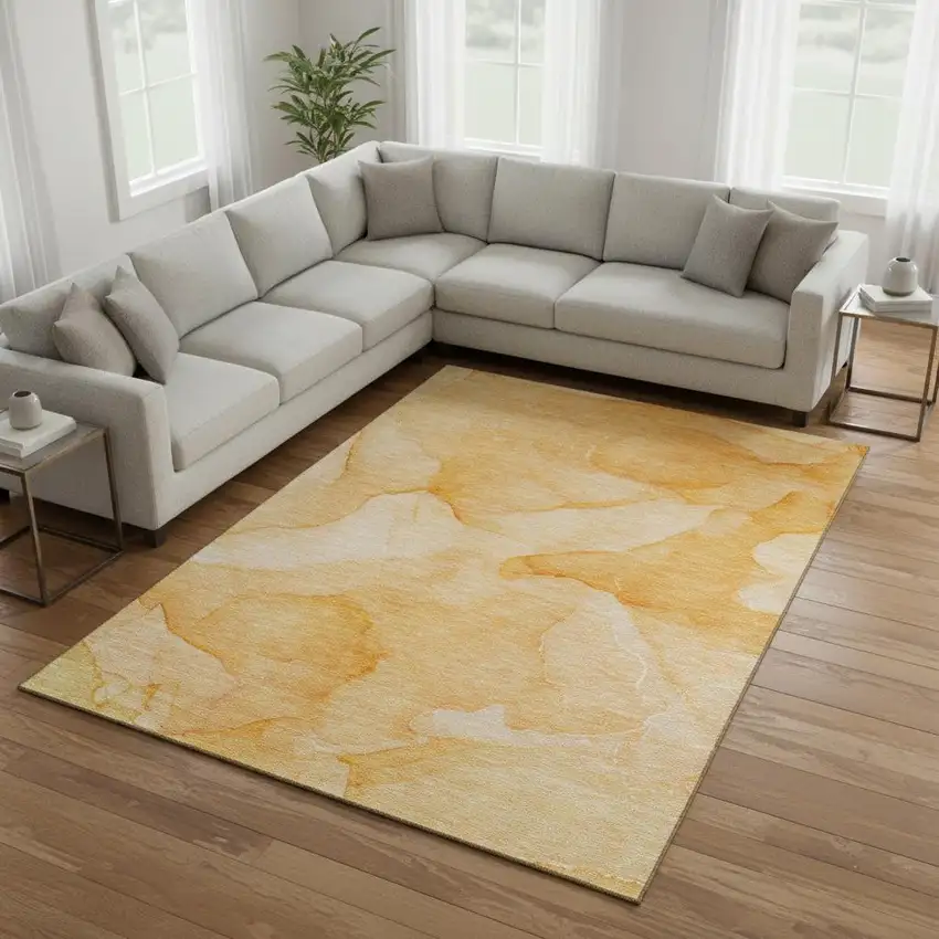 Orange And Ivory Abstract Washable Area Rug With UV Protection Photo 1