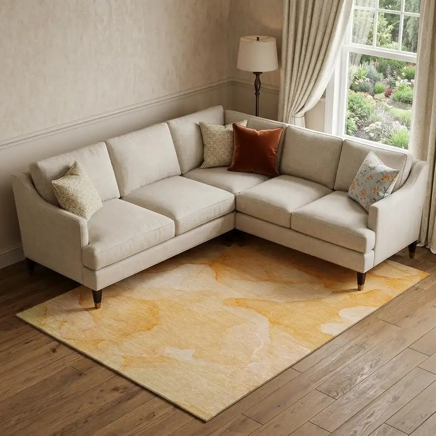 Orange And Ivory Abstract Washable Area Rug With UV Protection Photo 1