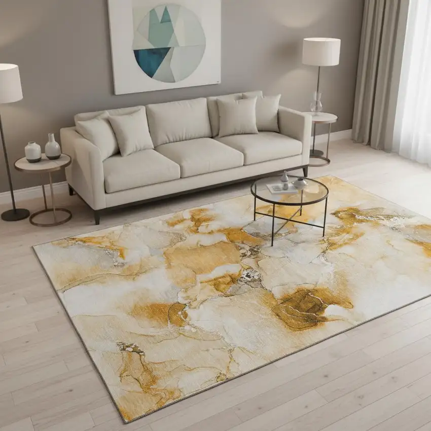 Orange And Ivory Abstract Washable Area Rug With UV Protection Photo 2