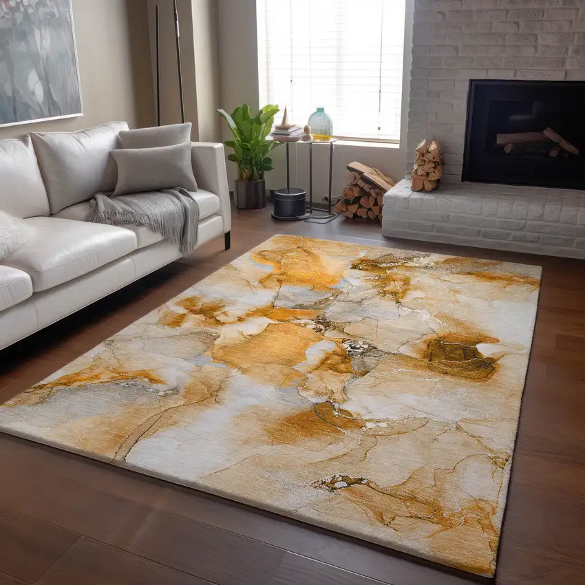 Orange And Ivory Abstract Washable Area Rug With UV Protection Photo 7