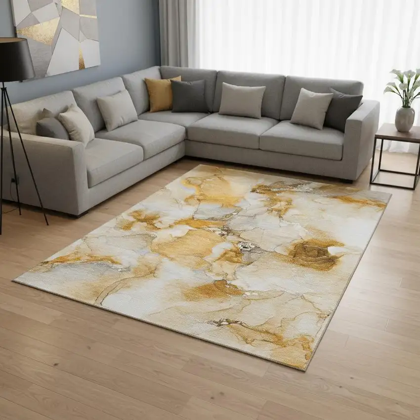Orange And Ivory Abstract Washable Area Rug With UV Protection Photo 1
