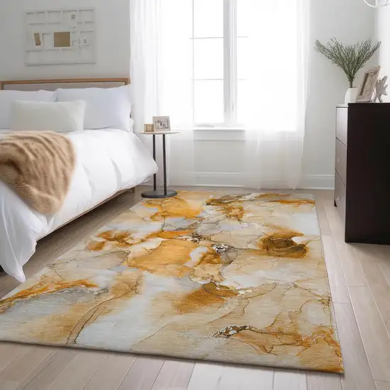 Orange And Ivory Abstract Washable Area Rug With UV Protection Photo 5