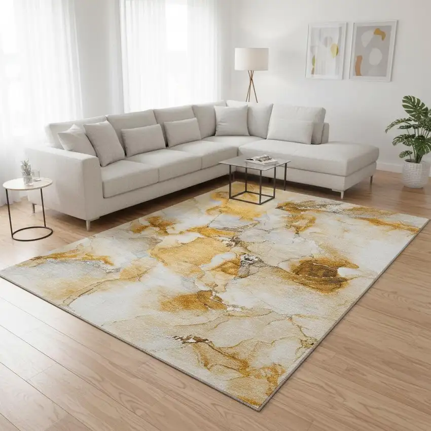 Orange And Ivory Abstract Washable Area Rug With UV Protection Photo 2