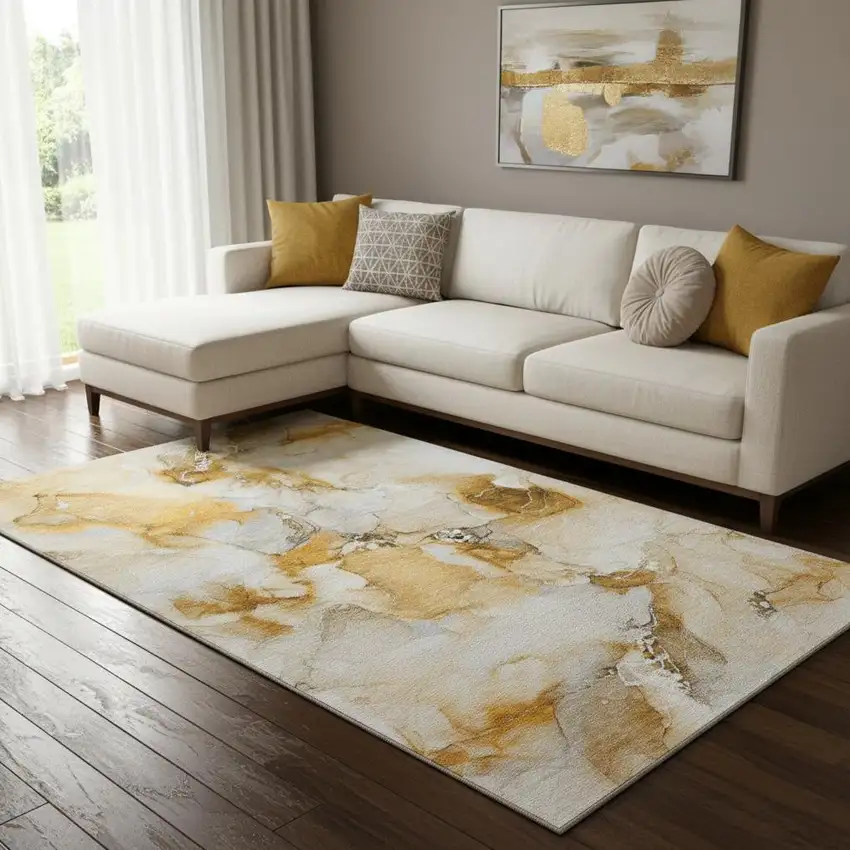 Orange And Ivory Abstract Washable Area Rug With UV Protection Photo 1