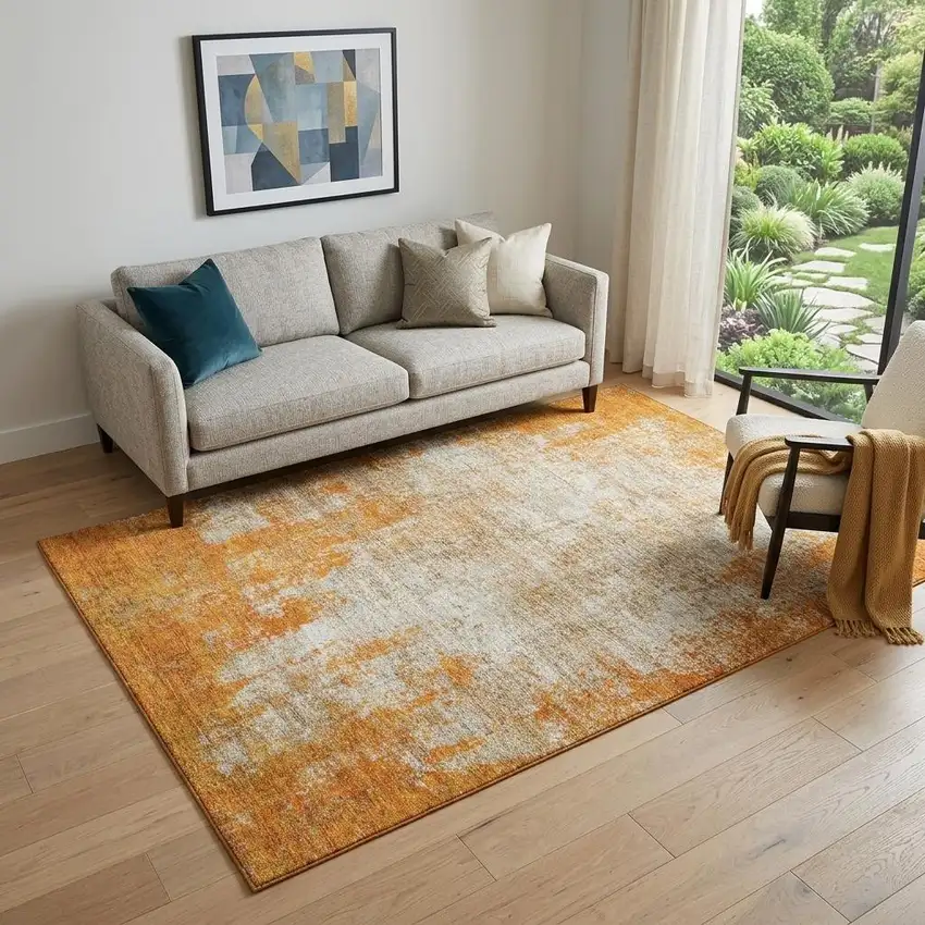Orange And Ivory Abstract Washable Area Rug With UV Protection Photo 1