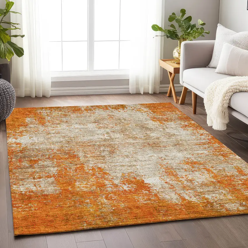 Orange And Ivory Abstract Washable Area Rug With UV Protection Photo 2
