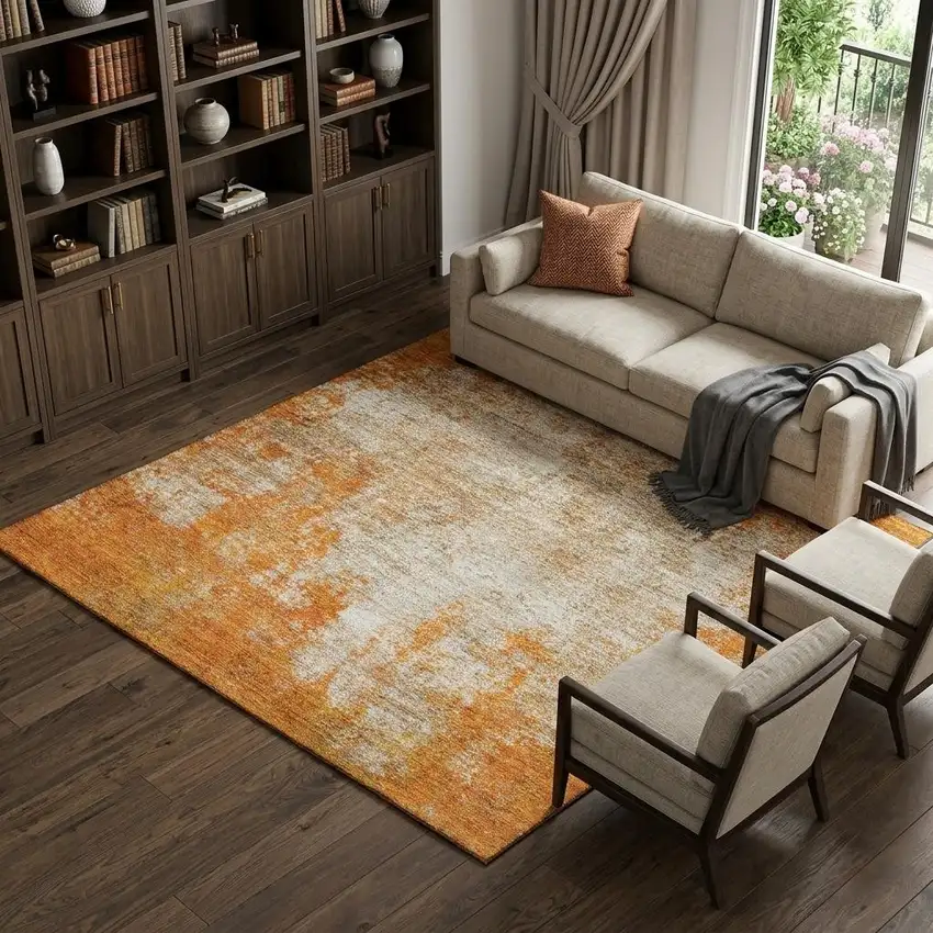 Orange And Ivory Abstract Washable Area Rug With UV Protection Photo 1