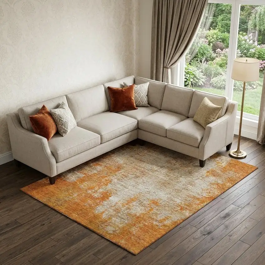 Orange And Ivory Abstract Washable Area Rug With UV Protection Photo 1