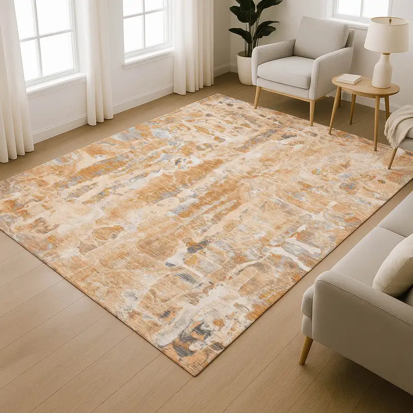 Orange And Ivory Abstract Washable Area Rug With UV Protection Photo 6