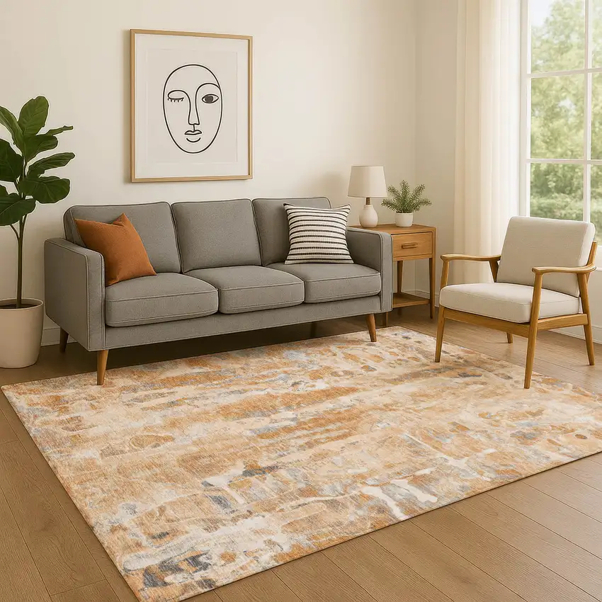 Orange And Ivory Abstract Washable Area Rug With UV Protection Photo 5