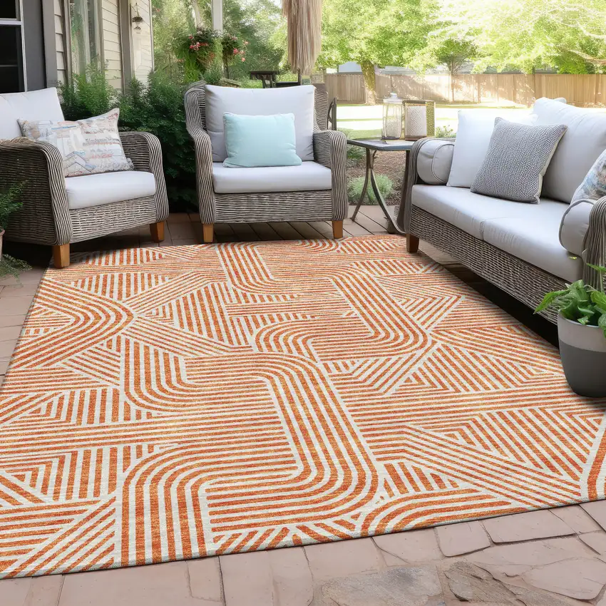 Orange And Ivory Abstract Washable Indoor Outdoor Area Rug Photo 8