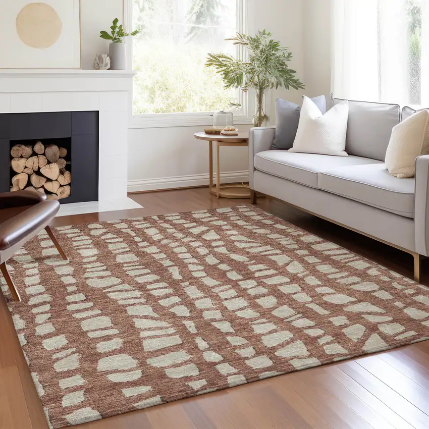 Orange And Ivory Abstract Washable Indoor Outdoor Area Rug Photo 7