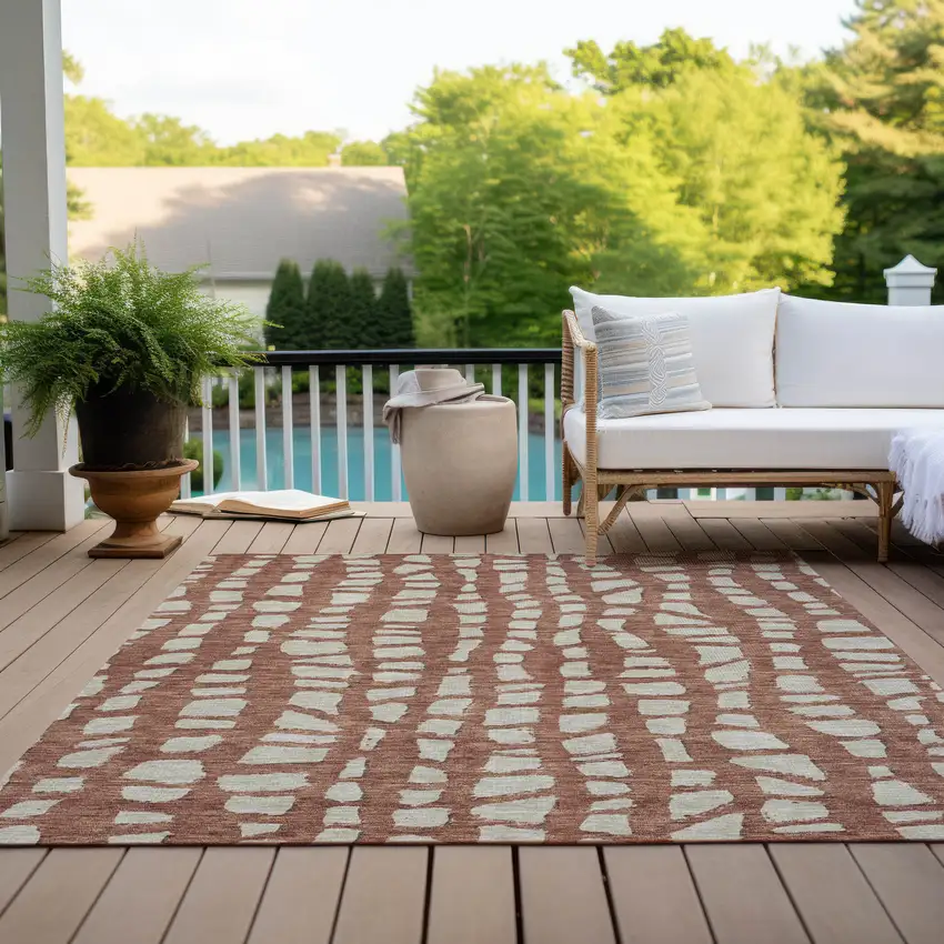 Orange And Ivory Abstract Washable Indoor Outdoor Area Rug Photo 9