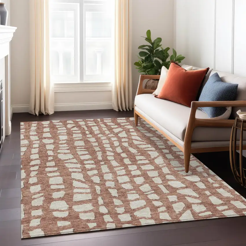 Orange And Ivory Abstract Washable Indoor Outdoor Area Rug Photo 8
