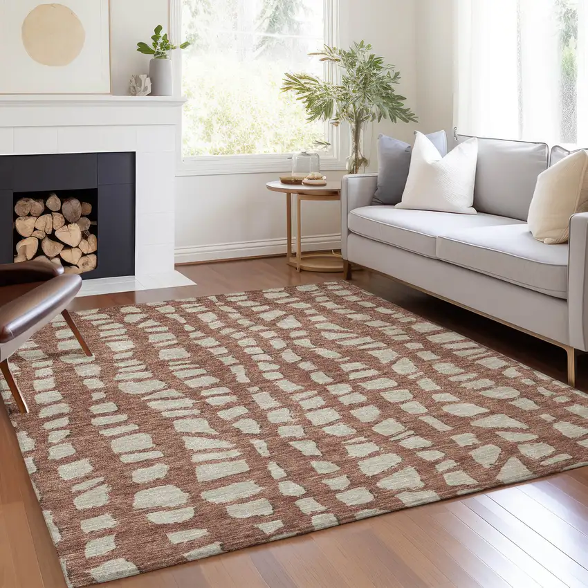 Orange And Ivory Abstract Washable Indoor Outdoor Area Rug Photo 7