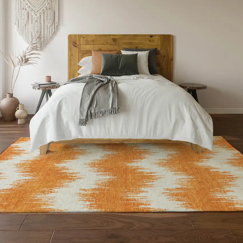 Orange And Ivory Chevron Washable Area Rug With UV Protection Photo 6