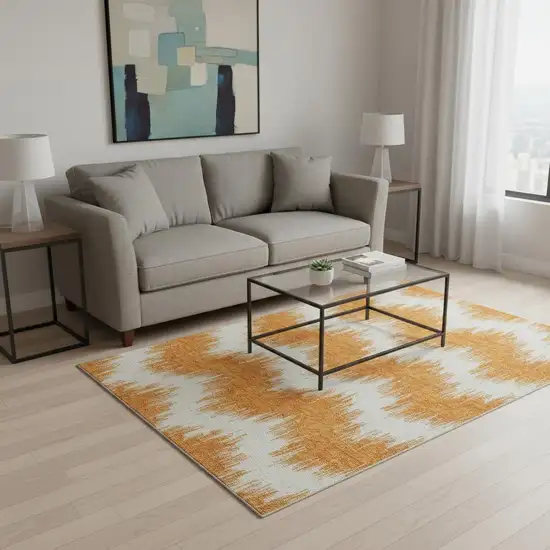 Orange And Ivory Chevron Washable Area Rug With UV Protection Photo 2
