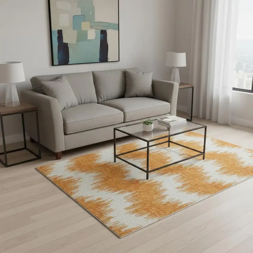 Orange And Ivory Chevron Washable Area Rug With UV Protection Photo 2