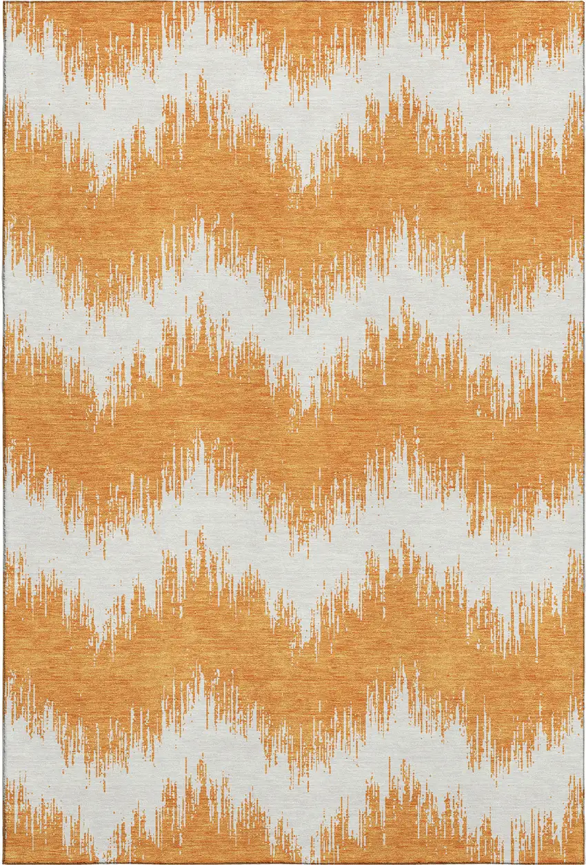 Orange And Ivory Chevron Washable Area Rug With UV Protection Photo 1