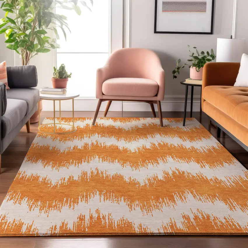 Orange And Ivory Chevron Washable Area Rug With UV Protection Photo 5