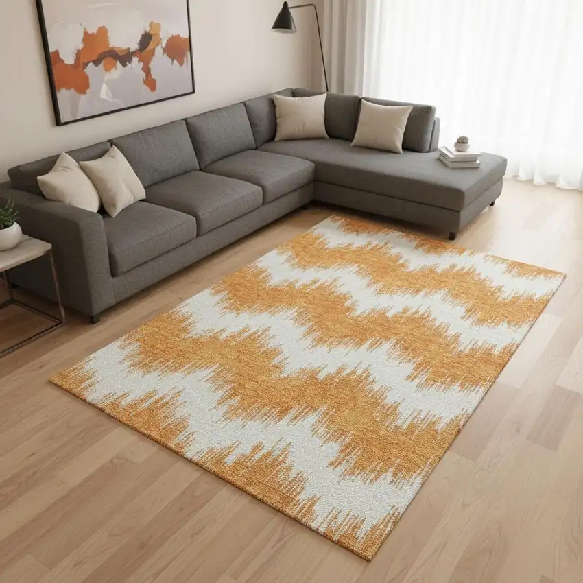 Orange And Ivory Chevron Washable Area Rug With UV Protection Photo 2