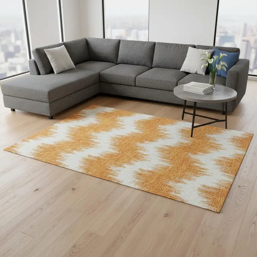 Orange And Ivory Chevron Washable Area Rug With UV Protection Photo 2