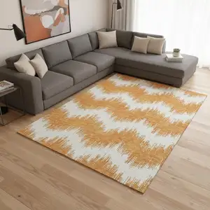 Photo of Orange And Ivory Chevron Washable Area Rug With UV Protection