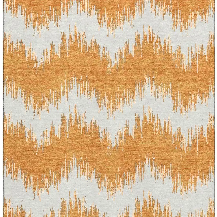 Orange And Ivory Chevron Washable Area Rug With UV Protection Photo 4