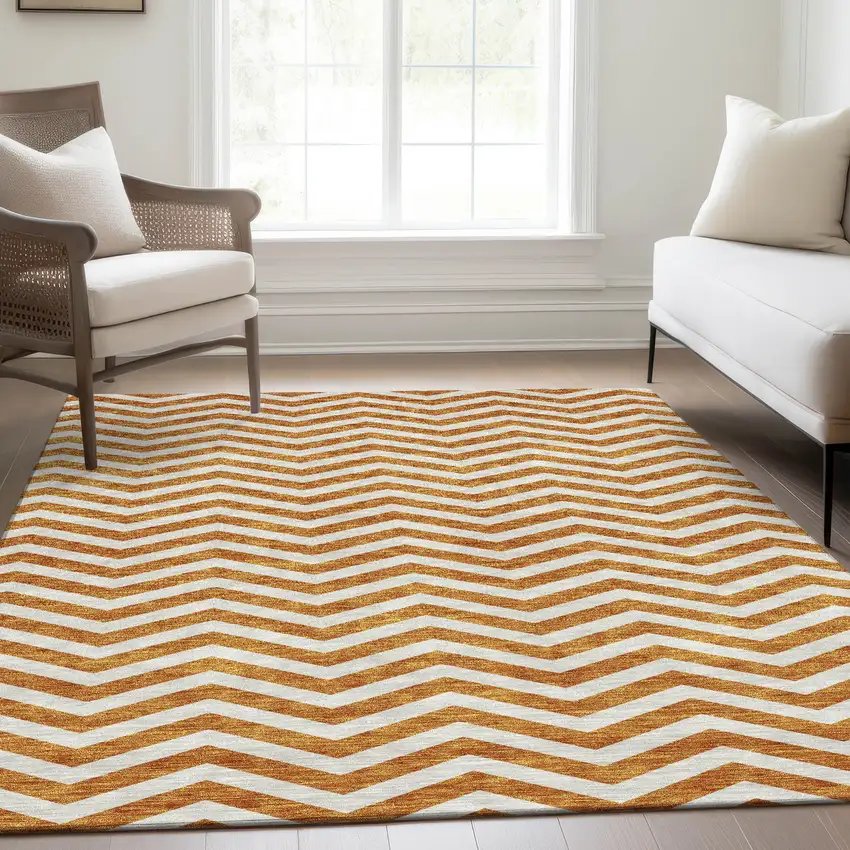 Orange And Ivory Chevron Washable Area Rug With UV Protection Photo 6